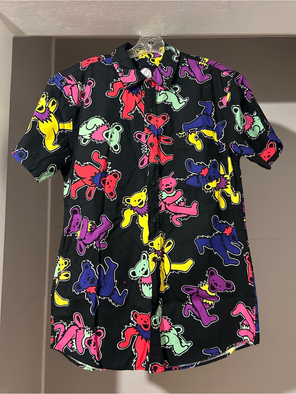 Grateful Dead Black Short-Sleeve Button-Down with Multicolor Dancing Bears